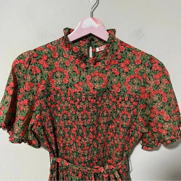 Banjanan Green Red Floral 100% Cotton Smocked Mini Dress XS - Picture 8 of 8